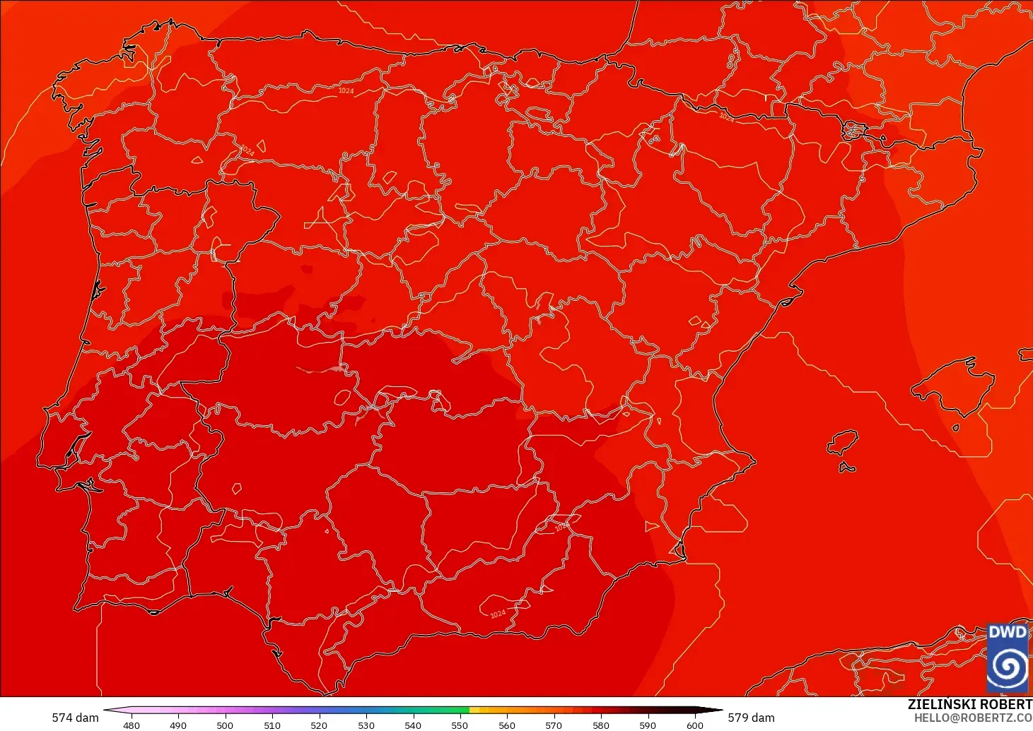 ICON model - Spain, Geopotential height at 500hPa