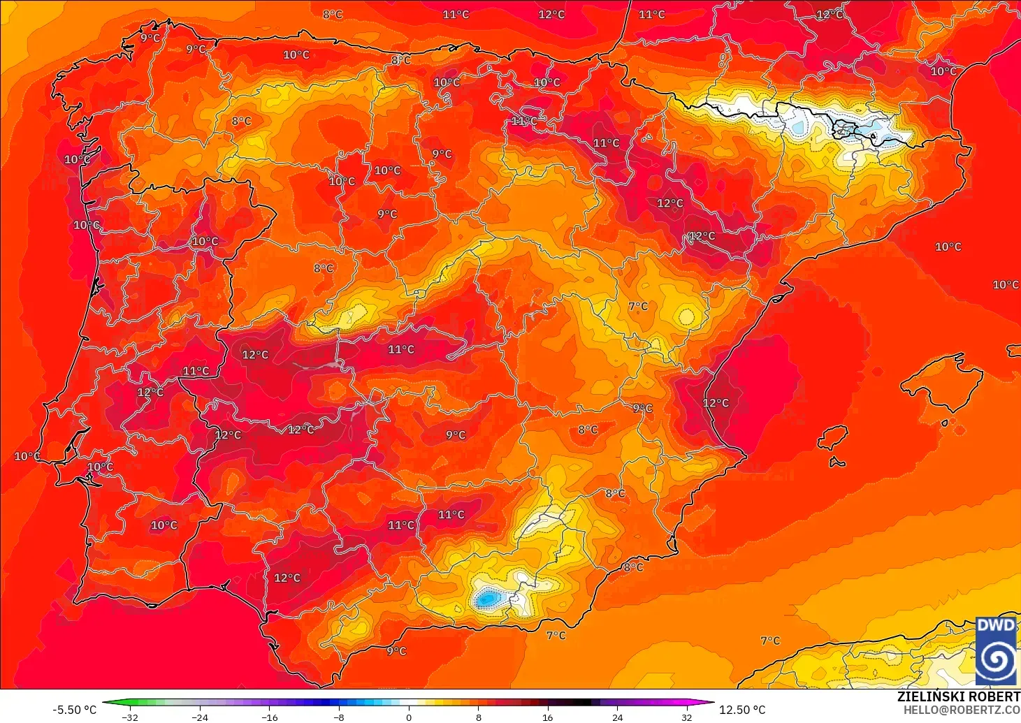 ICON model - Spain, Temperature at 850hPa Anomaly