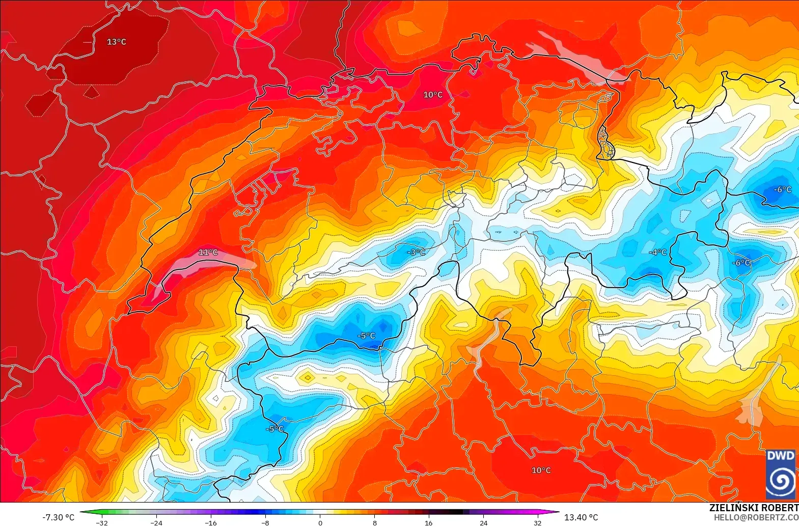 ICON model - Switzerland, Temperature at 850hPa Anomaly