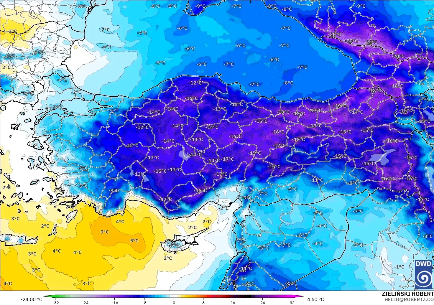 ICON model - Turkey, Temperature at 850hPa Anomaly