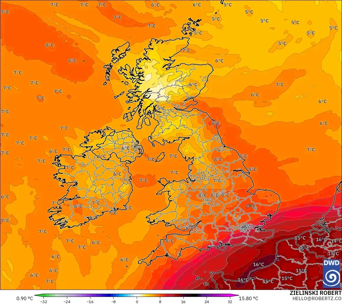 ICON model - United Kingdom, Temperature at 850hPa Anomaly