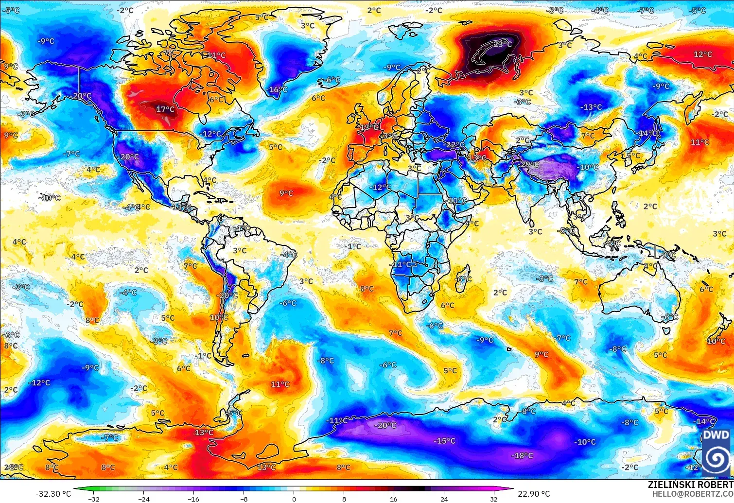 ICON model - World, Temperature at 850hPa Anomaly