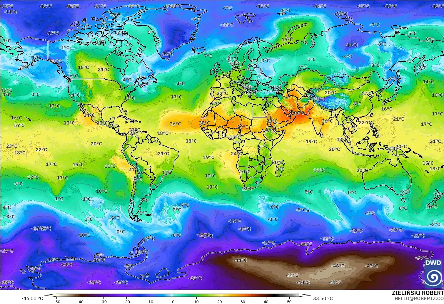 ICON model - World, Temperature at 850hPa