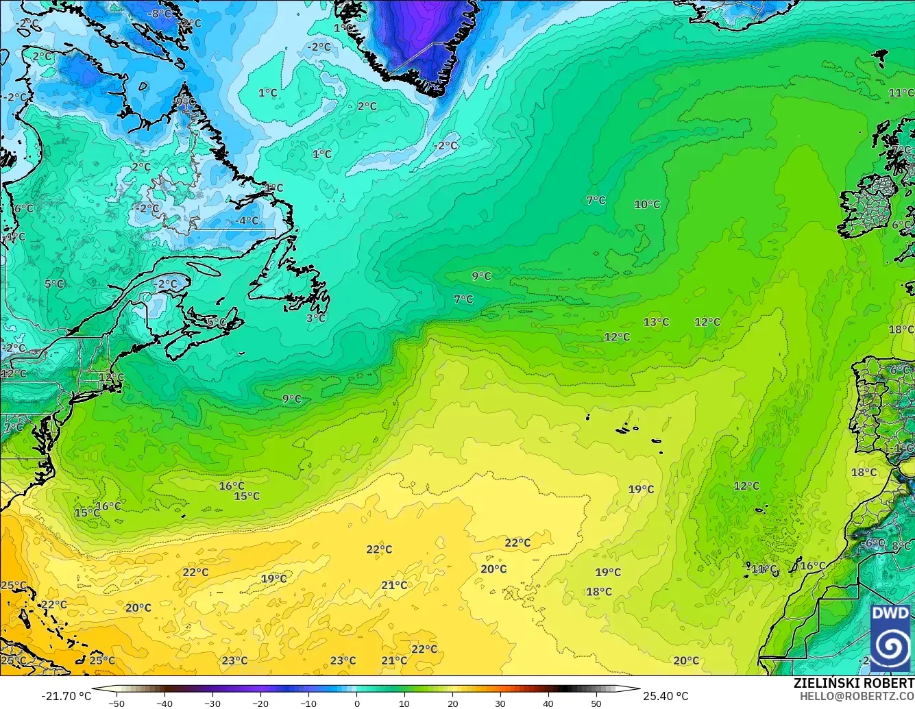 ICON model - North Atlantic, Dewpoint at 2m