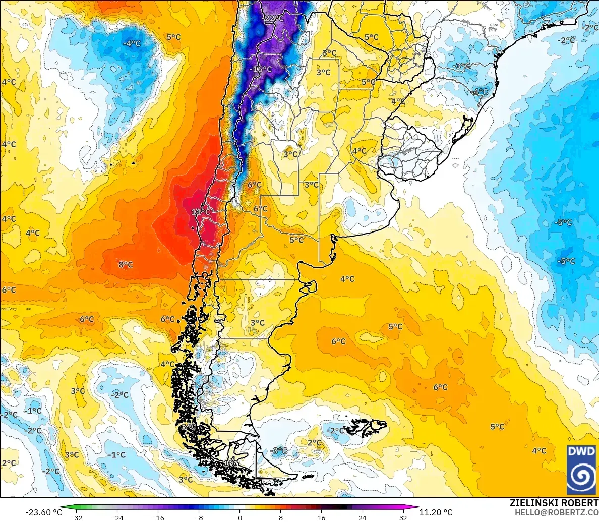 ICON model - Argentina, Temperature at 850hPa Anomaly