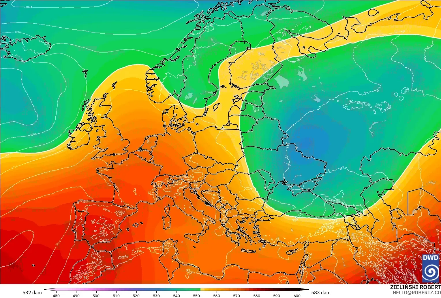 ICON model - Europe, Geopotential height at 500hPa
