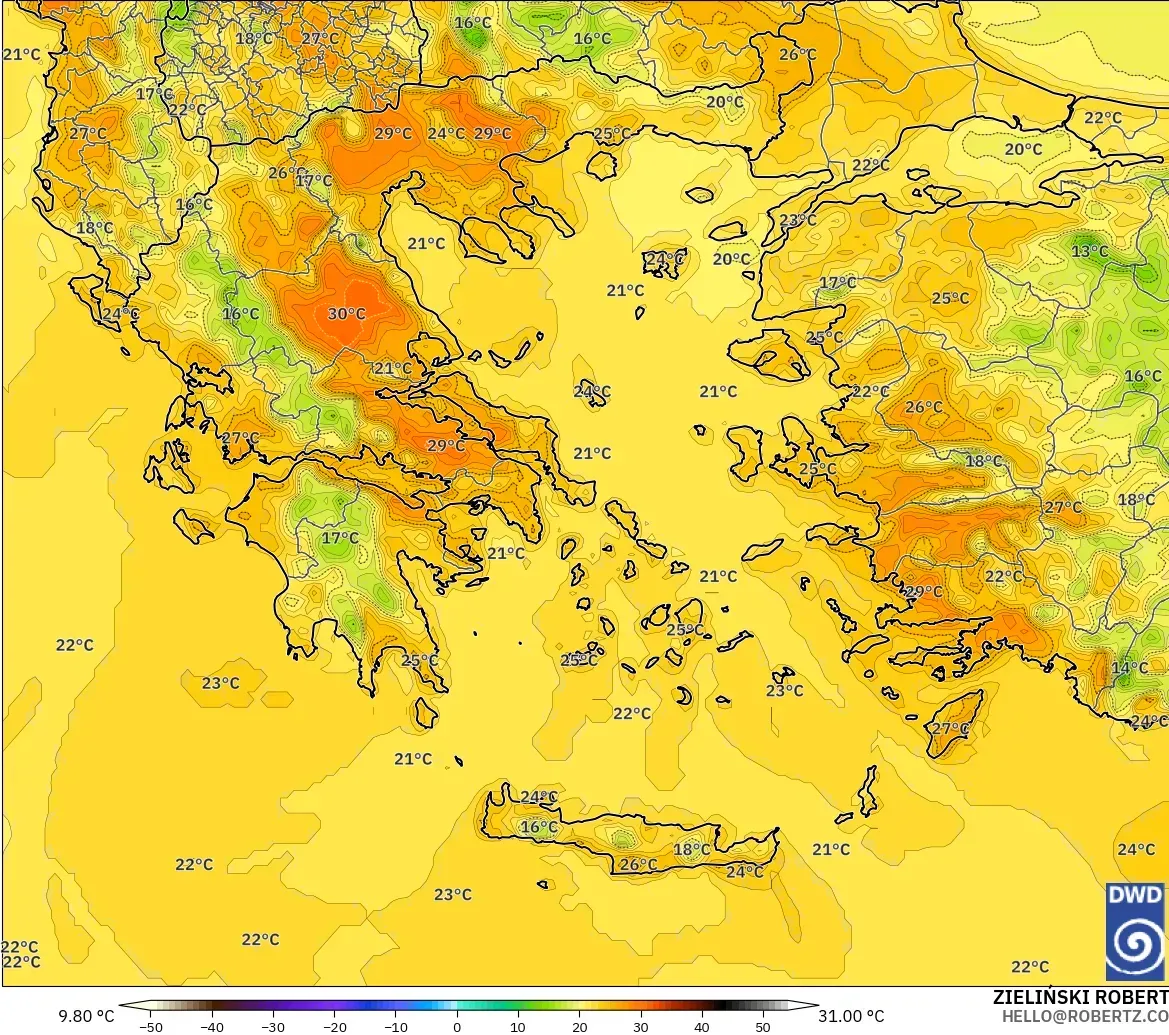 ICON model - Greece, Temperature at 2m