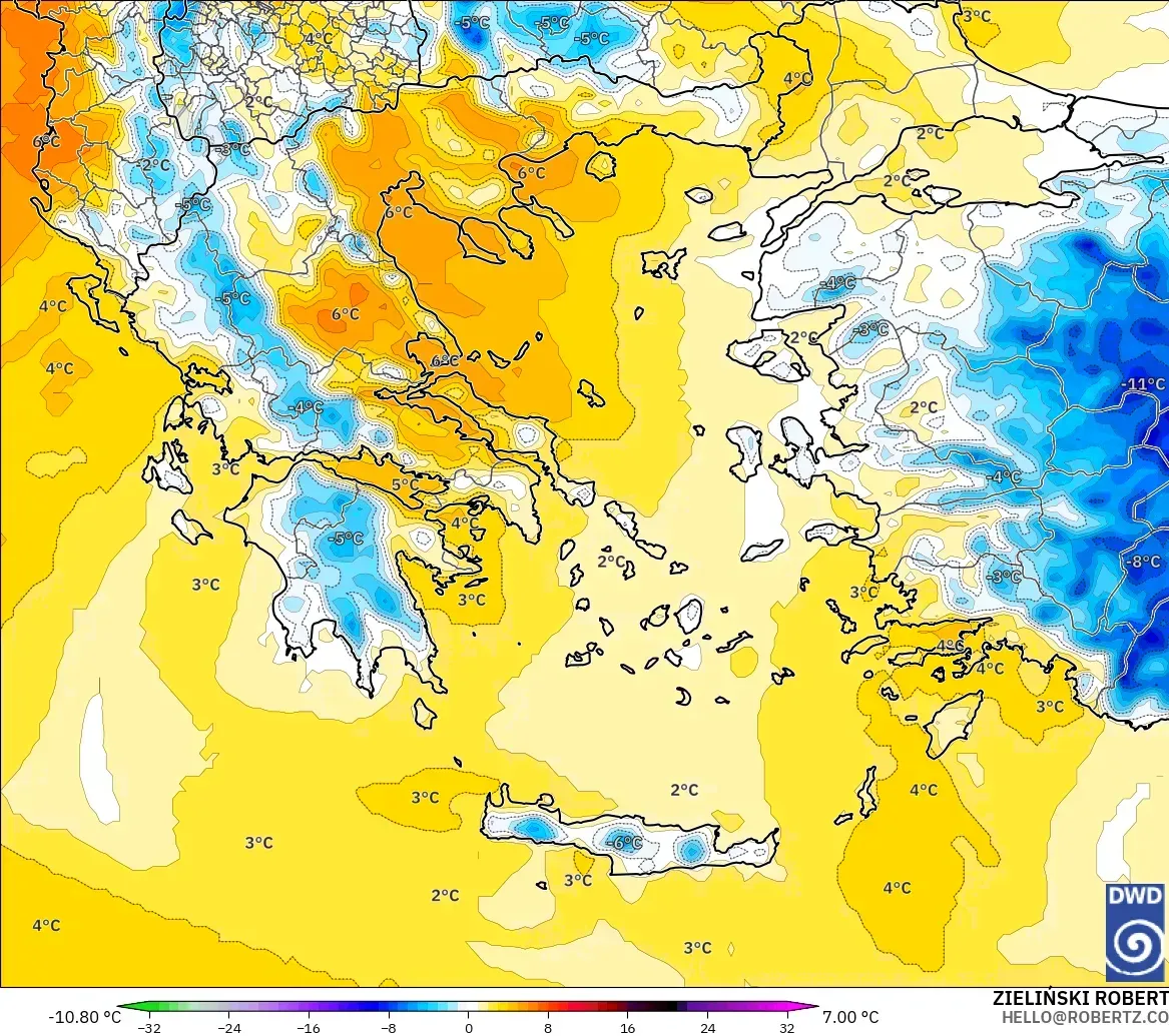 ICON model - Greece, Temperature at 850hPa Anomaly