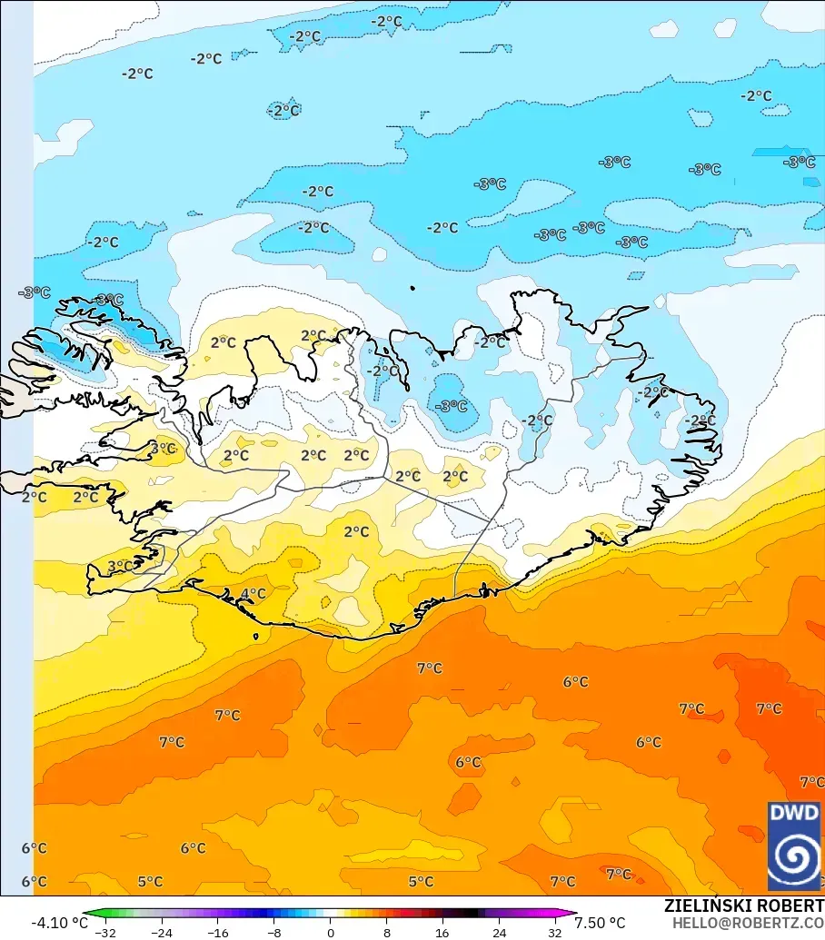 ICON model - Iceland, Temperature at 850hPa Anomaly