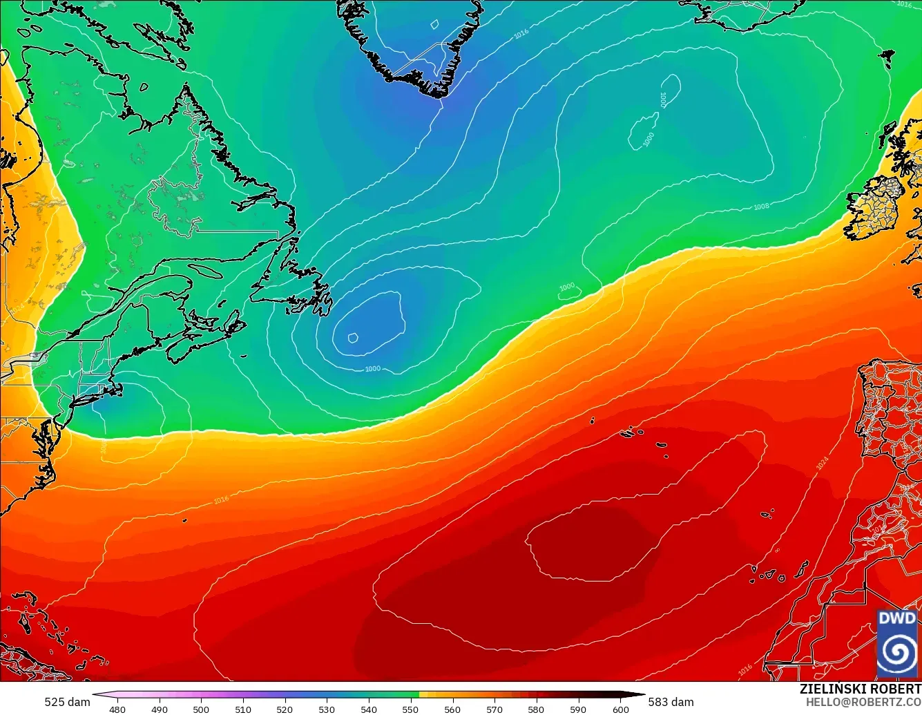 ICON model - North Atlantic, Geopotential height at 500hPa