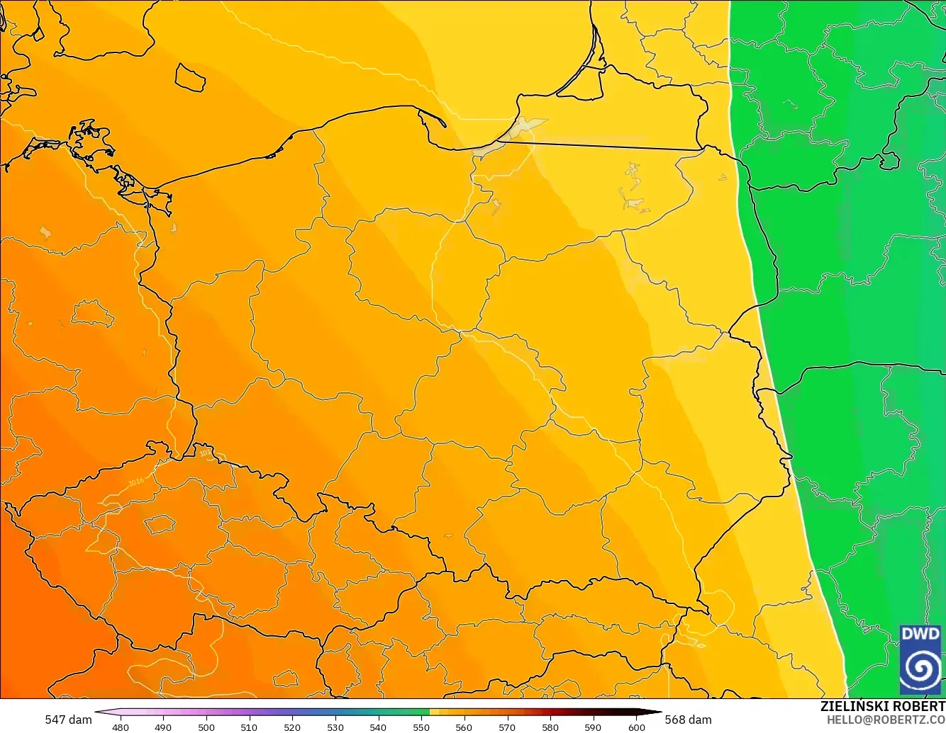 ICON model - Poland, Geopotential height at 500hPa