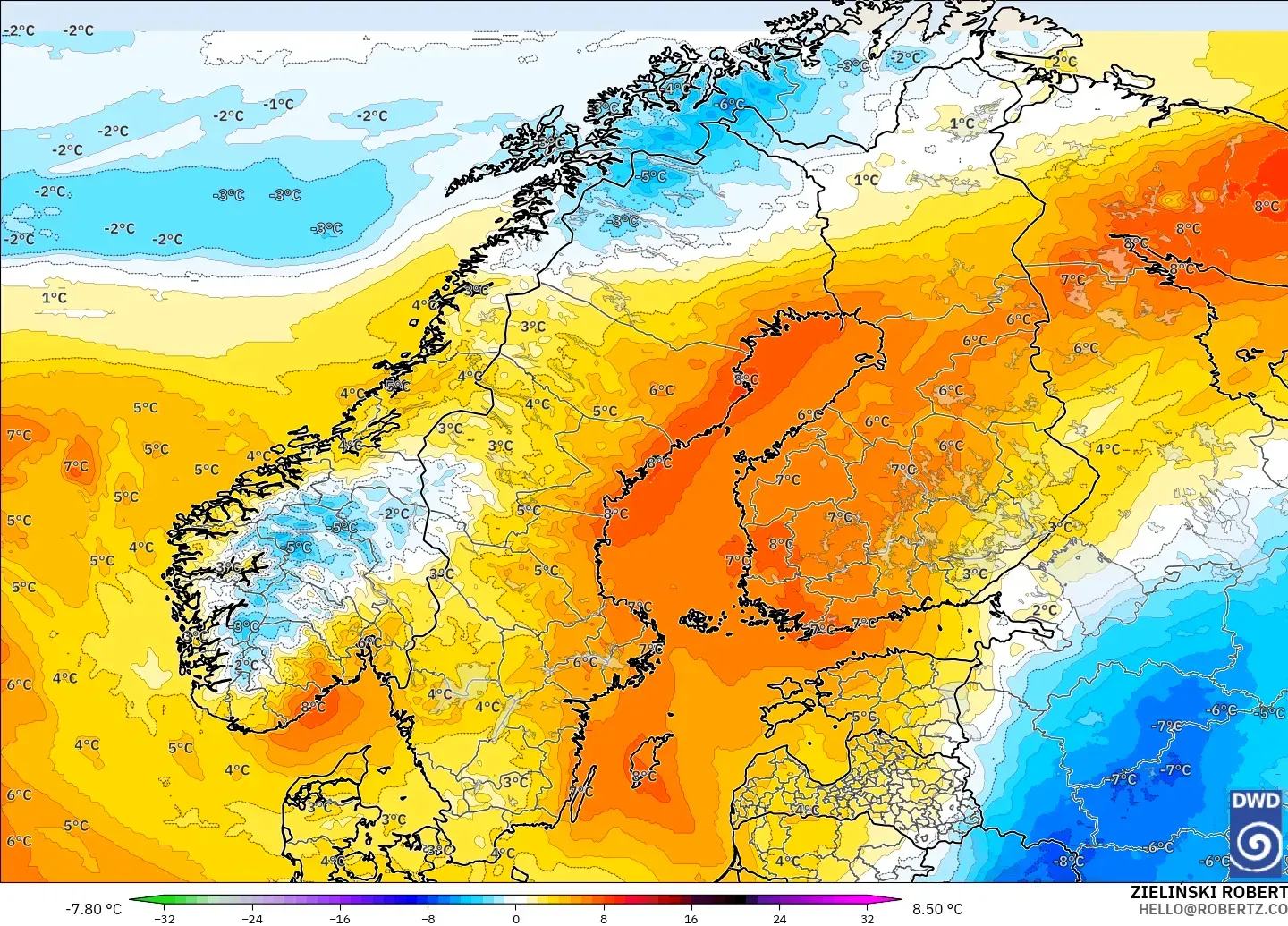 ICON model - Scandinavia, Temperature at 850hPa Anomaly