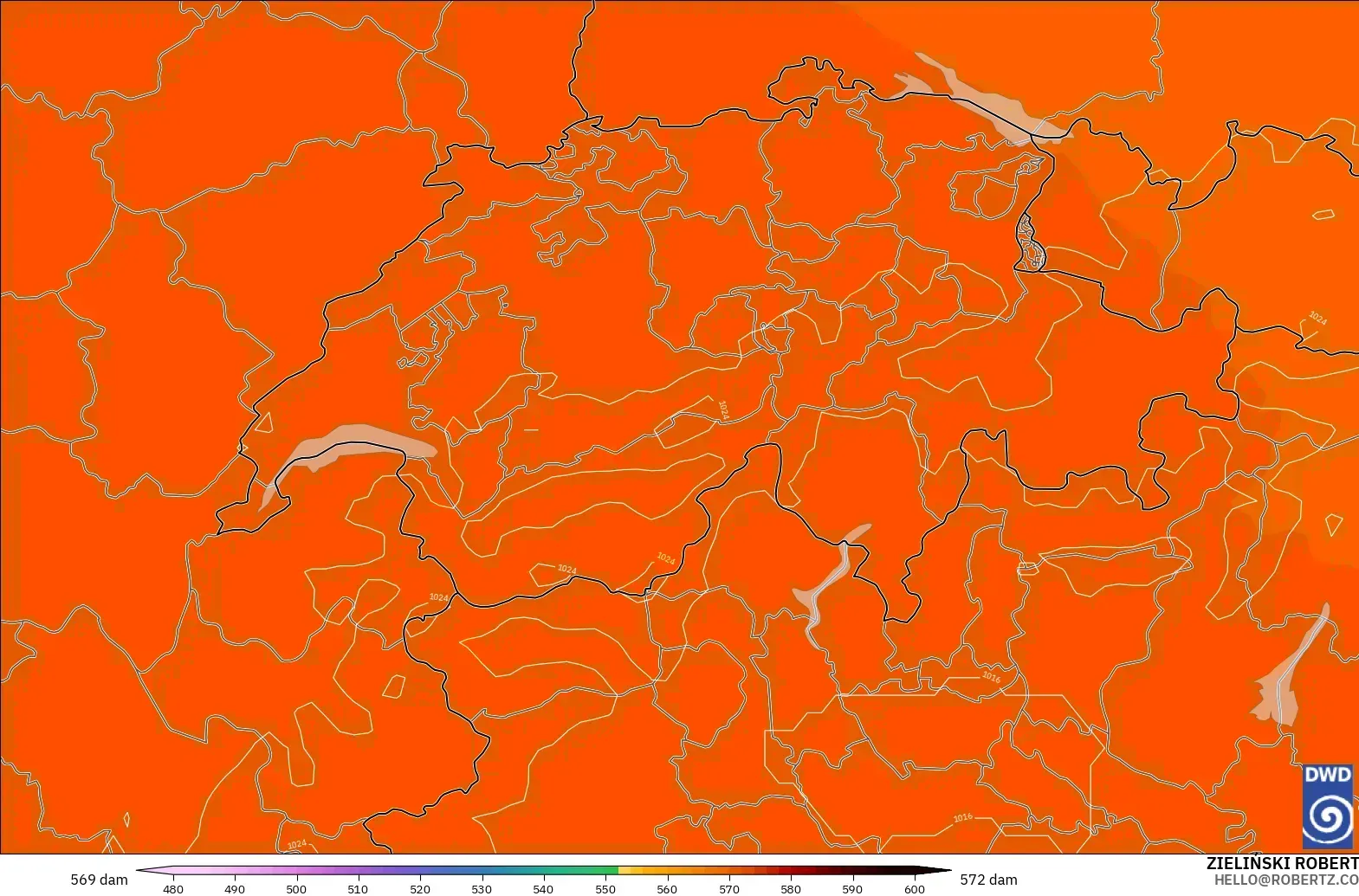 ICON model - Switzerland, Geopotential height at 500hPa