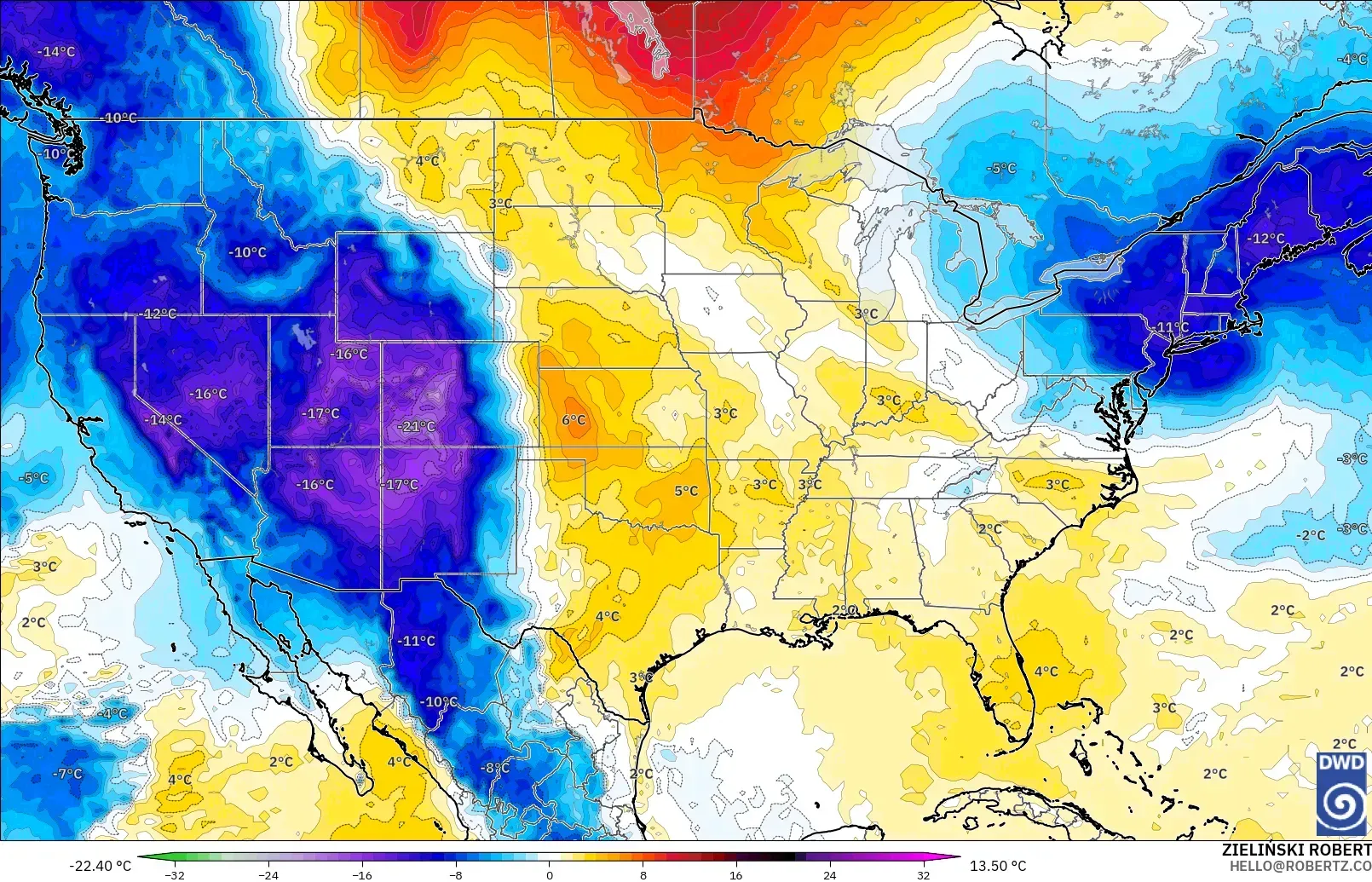 ICON model - United States, Temperature at 850hPa Anomaly