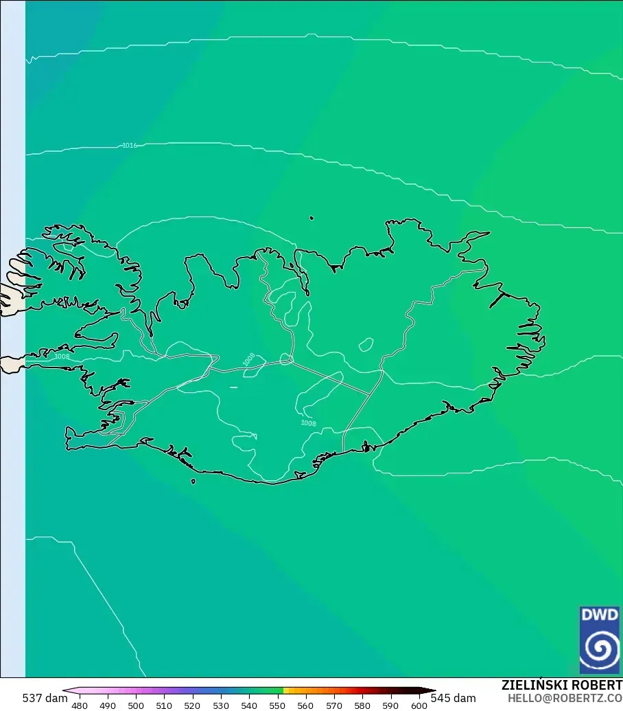 ICON model - Iceland, Geopotential height at 500hPa
