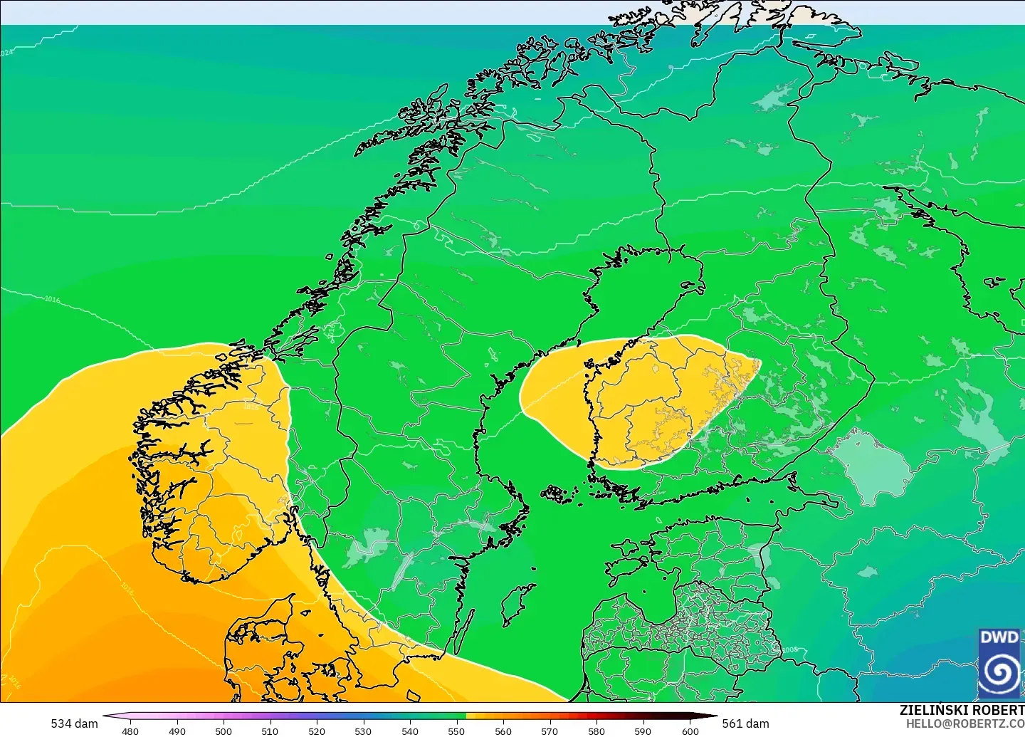 ICON model - Scandinavia, Geopotential height at 500hPa