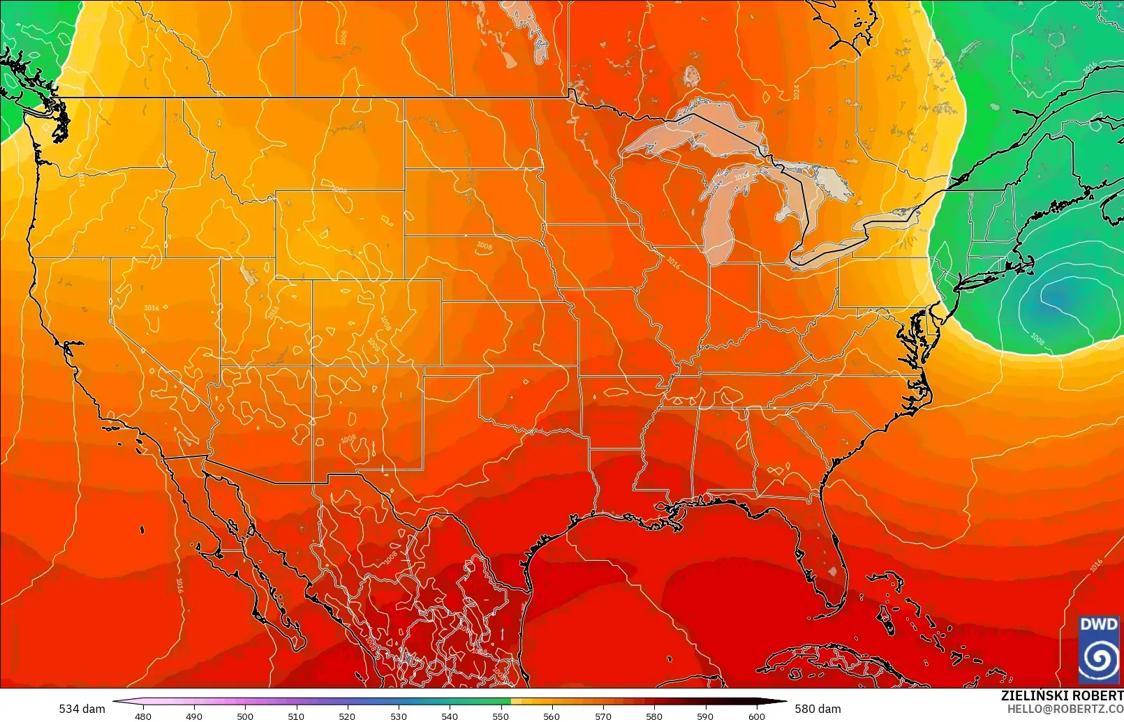 ICON model - United States, Geopotential height at 500hPa