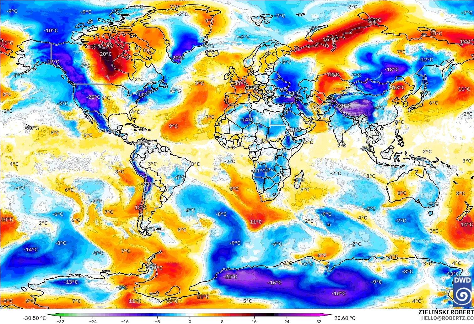 ICON model - World, Temperature at 850hPa Anomaly