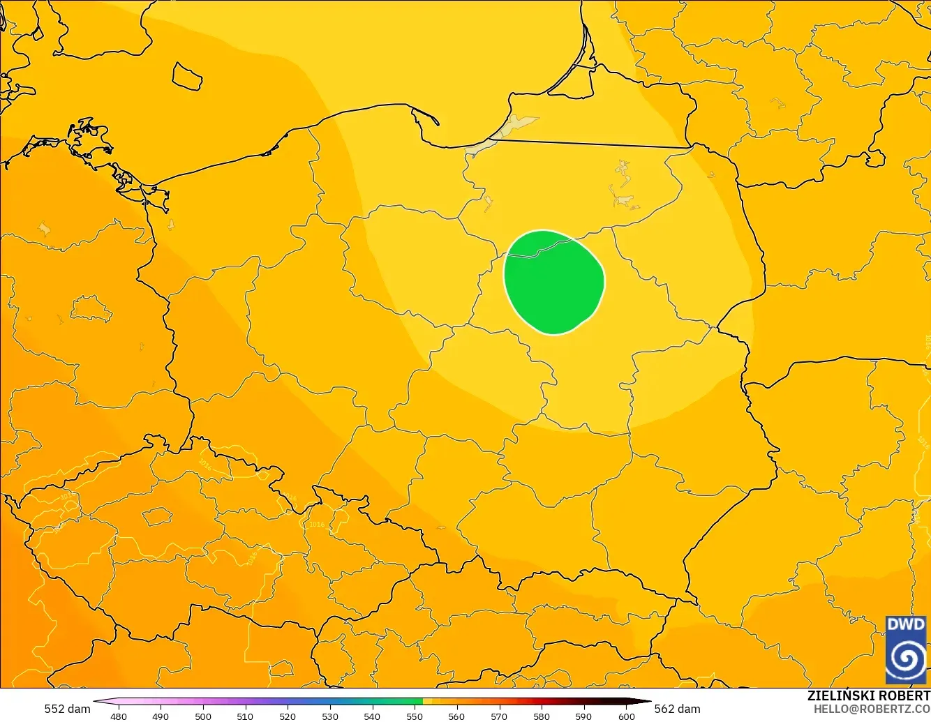 ICON model - Poland, Geopotential height at 500hPa