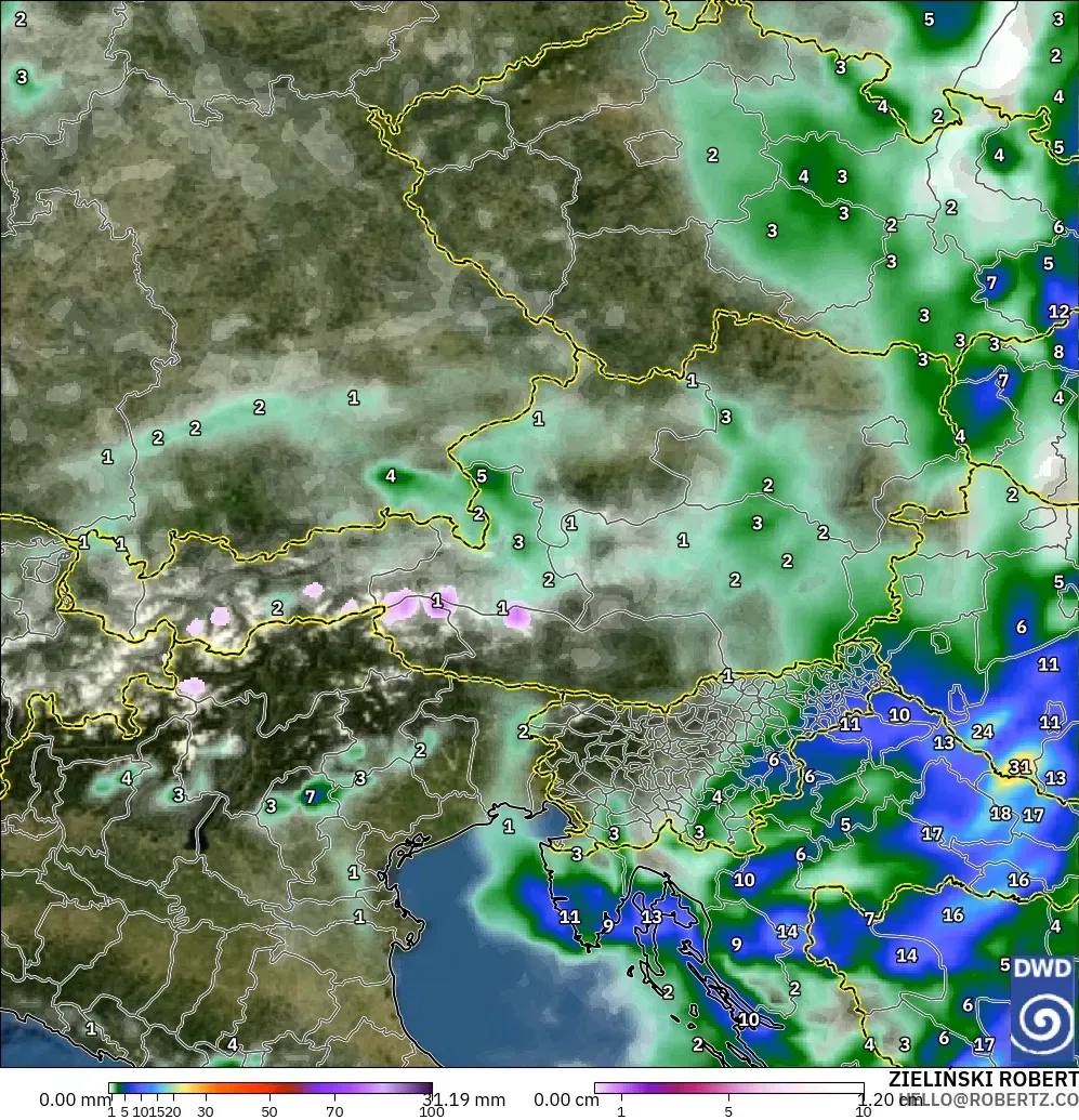 ICON model - Austria, Precipitation, Clouds, and Pressure