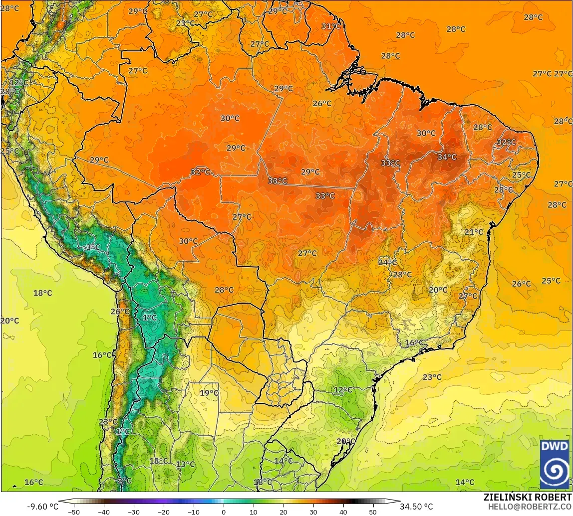 ICON model - Brazil, Temperature at 2m