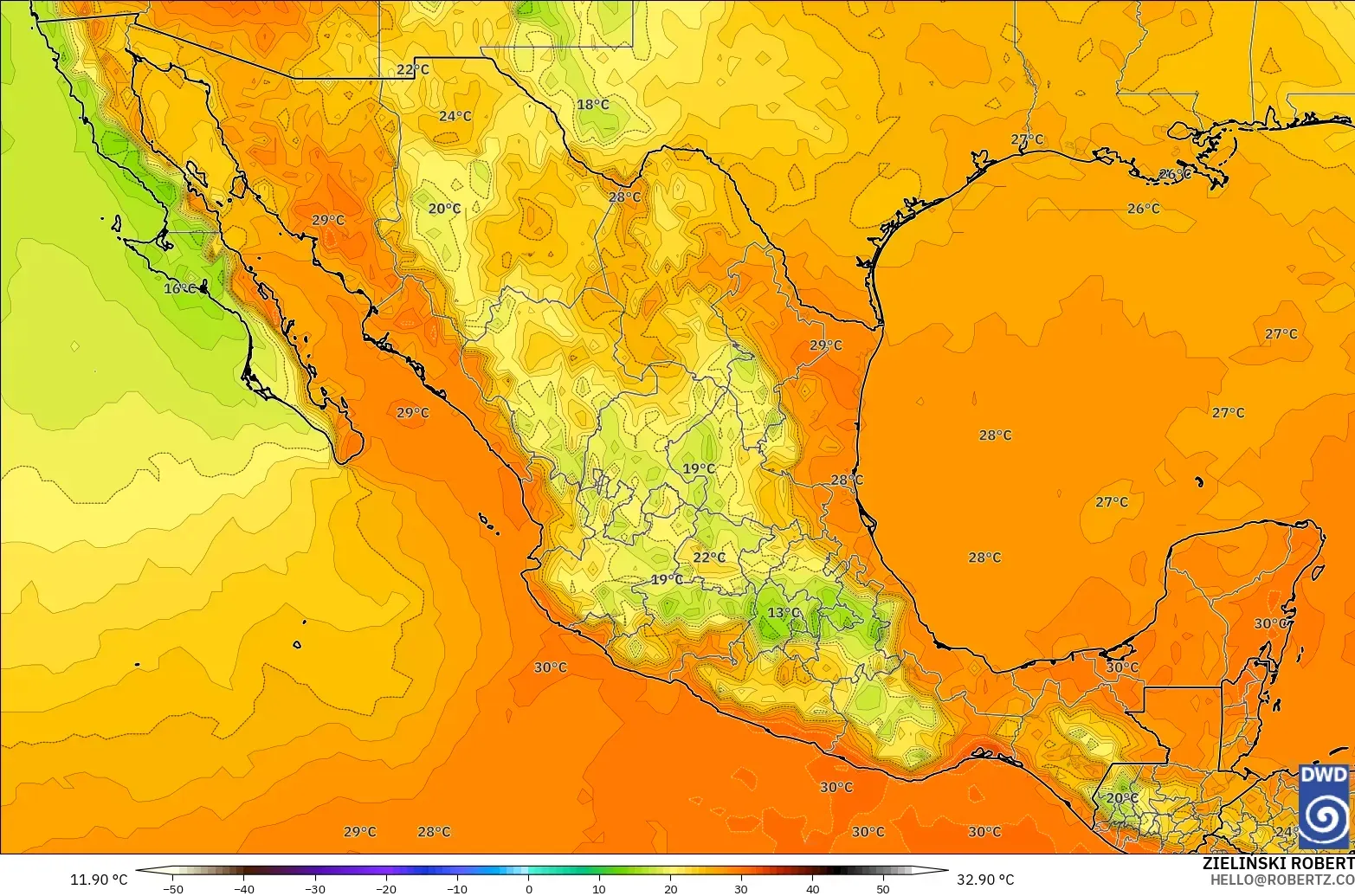 ICON model - Mexico, Temperature at 2m