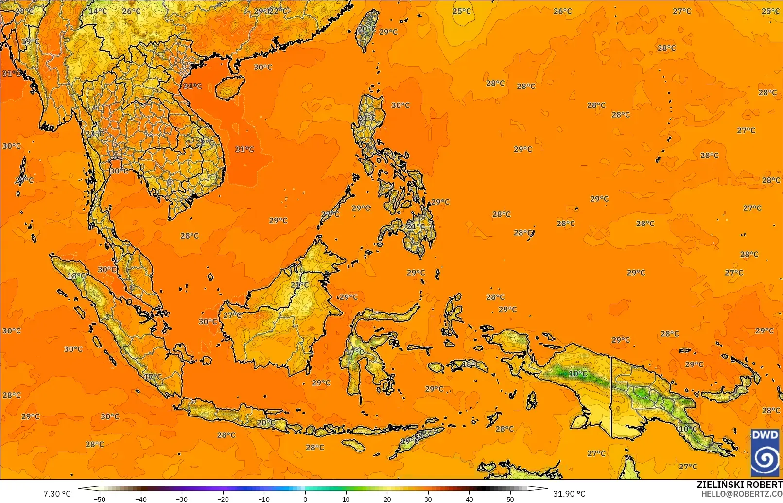 ICON model - South East Asia, Temperature at 2m