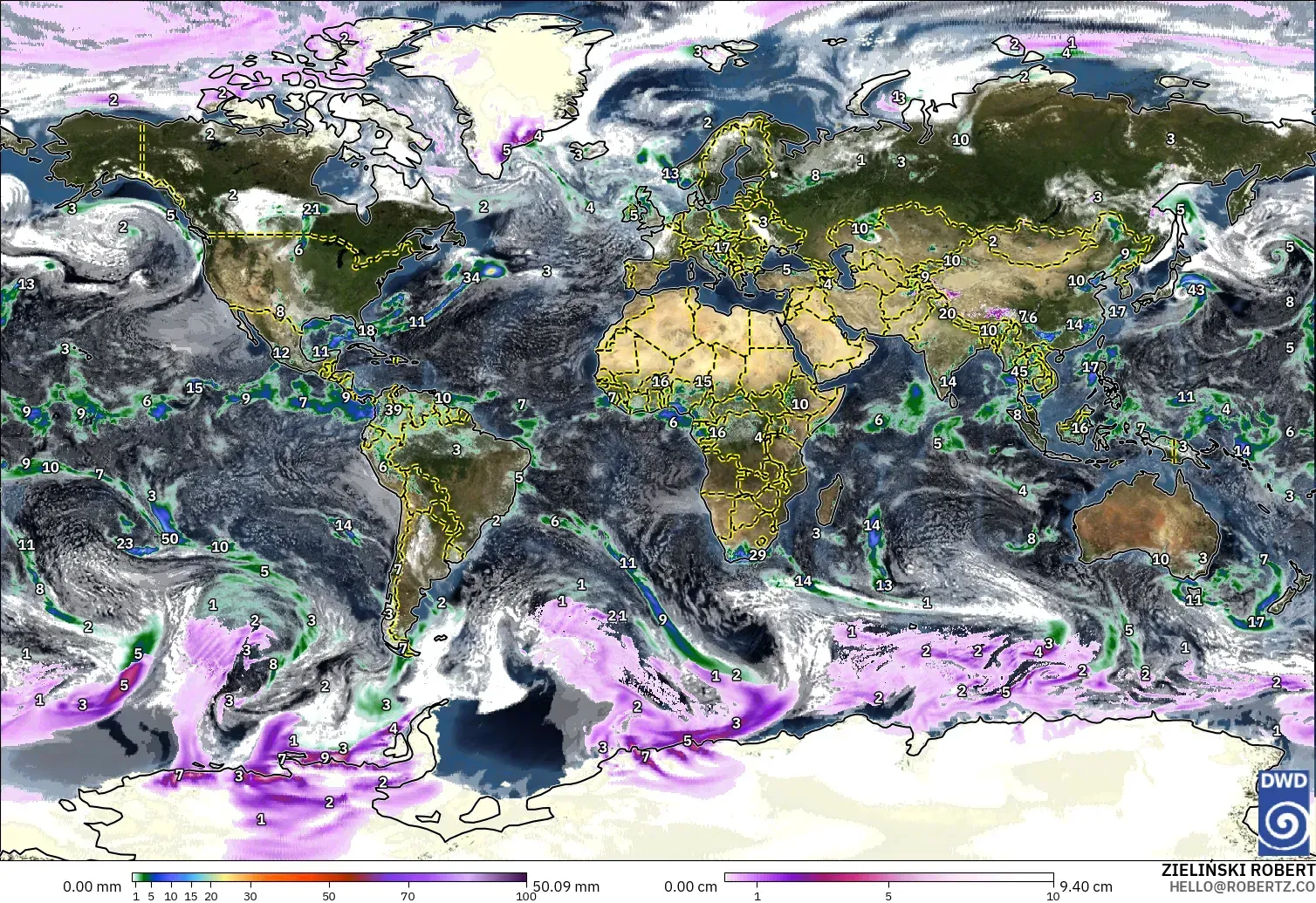 ICON model - World, Precipitation, Clouds, and Pressure