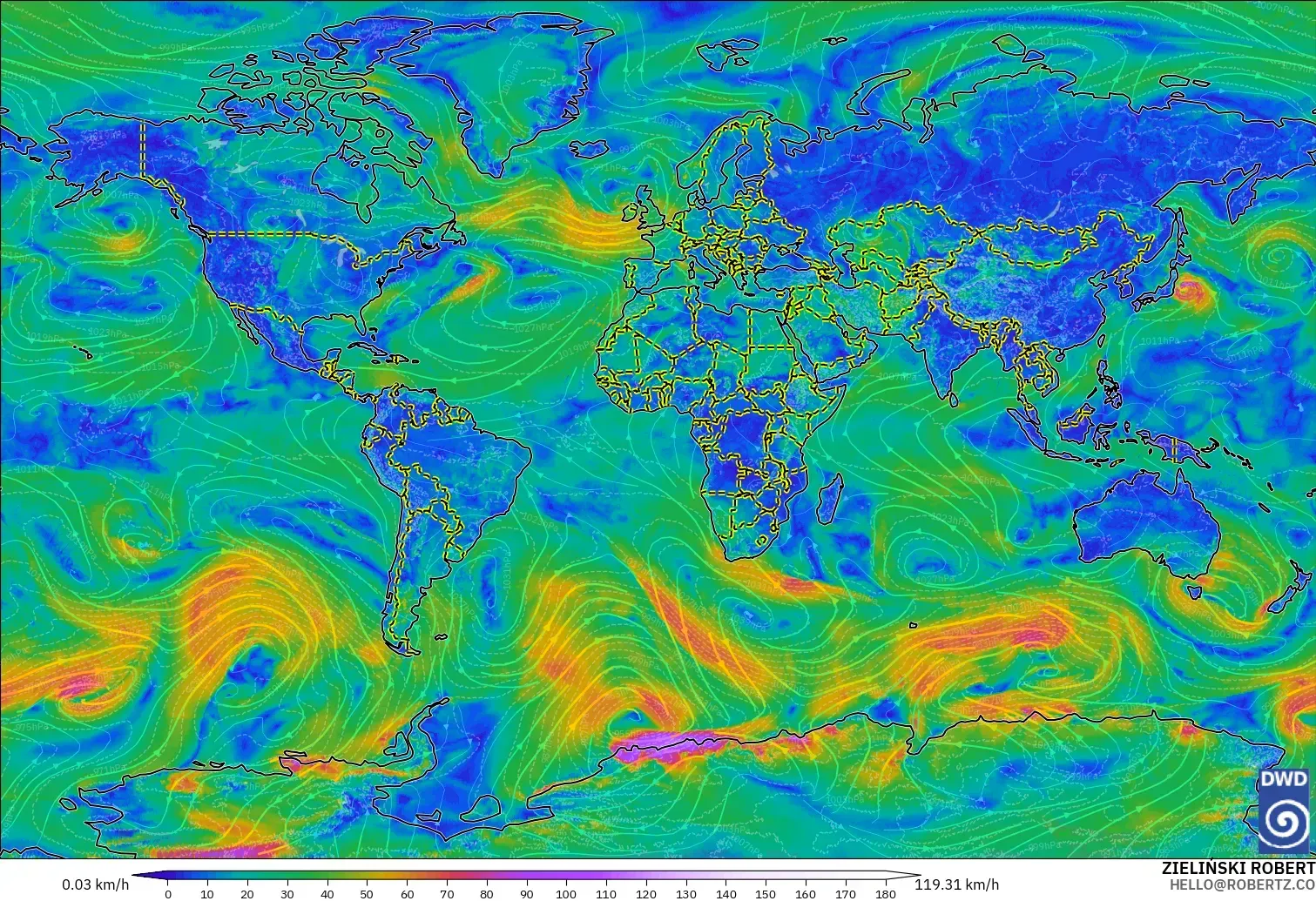 ICON model - World, Wind at 10m