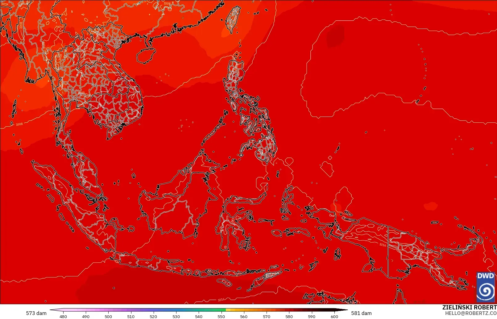 ICON model - South East Asia, Geopotential height at 500hPa