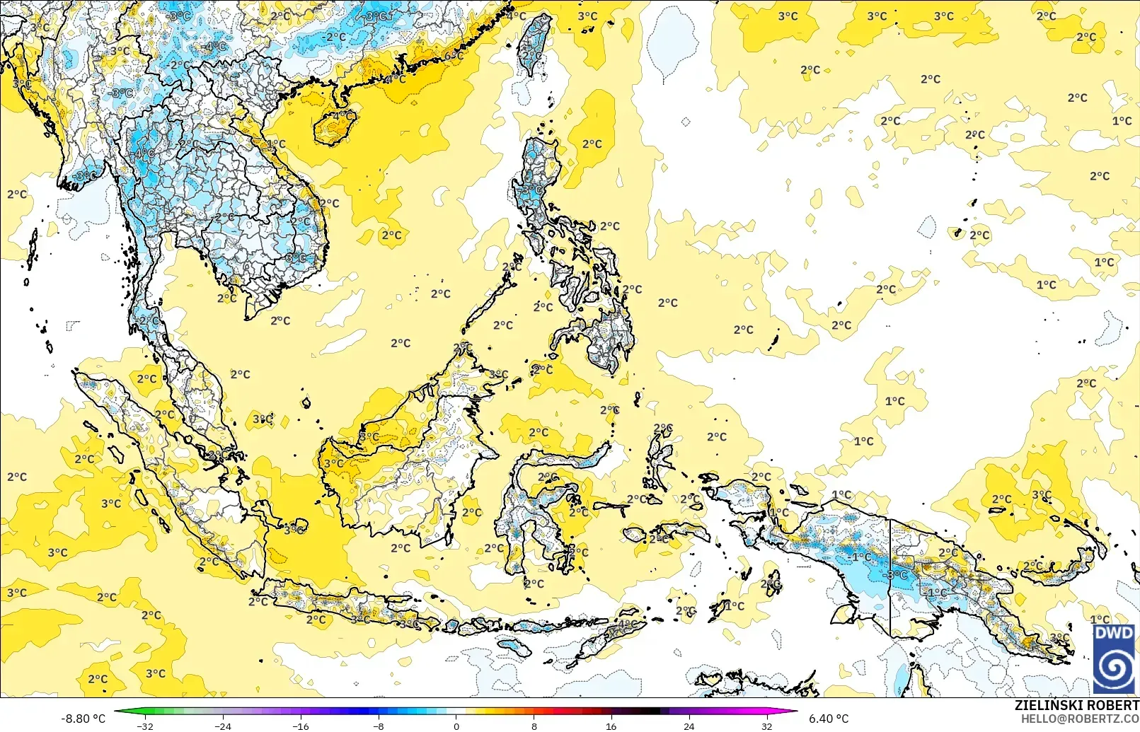 ICON model - South East Asia, Temperature at 2m Anomaly