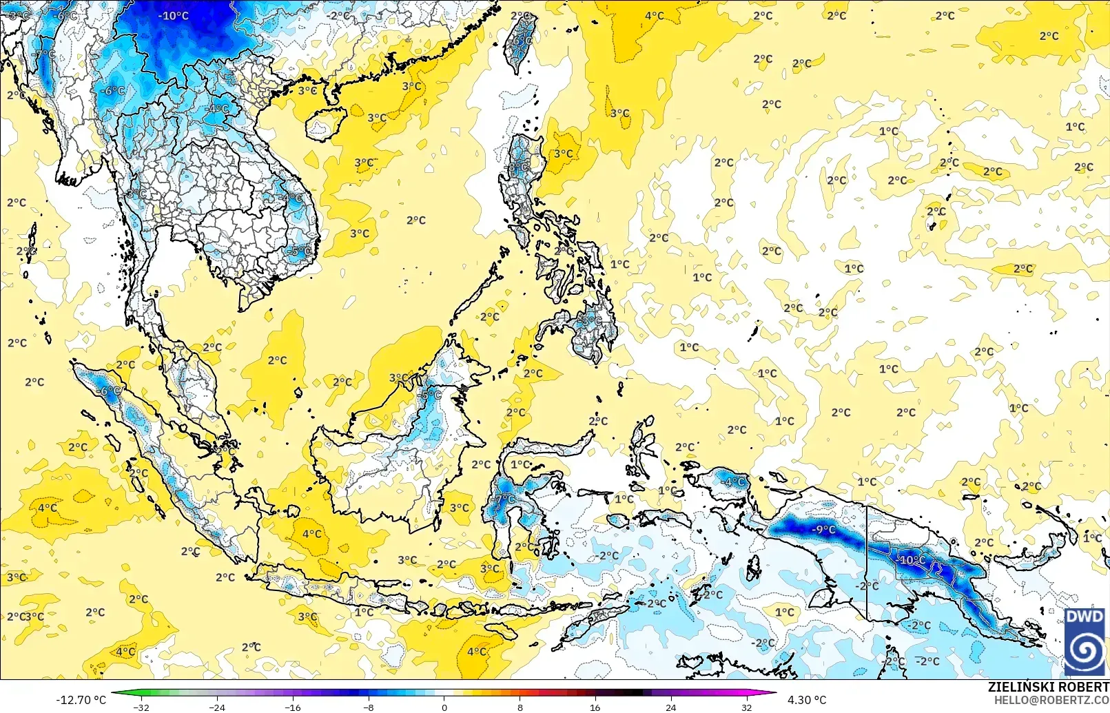 ICON model - South East Asia, Temperature at 850hPa Anomaly