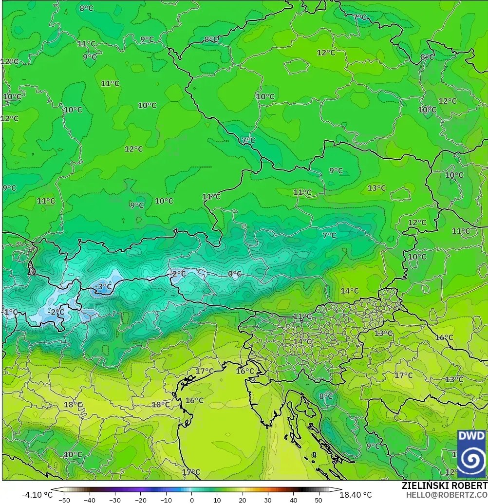 ICON model - Austria, Dewpoint at 2m