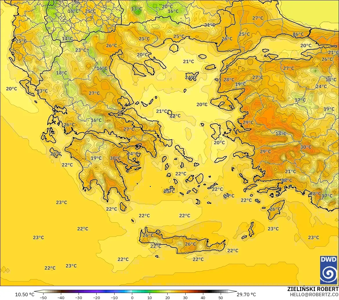 ICON model - Greece, Temperature at 2m