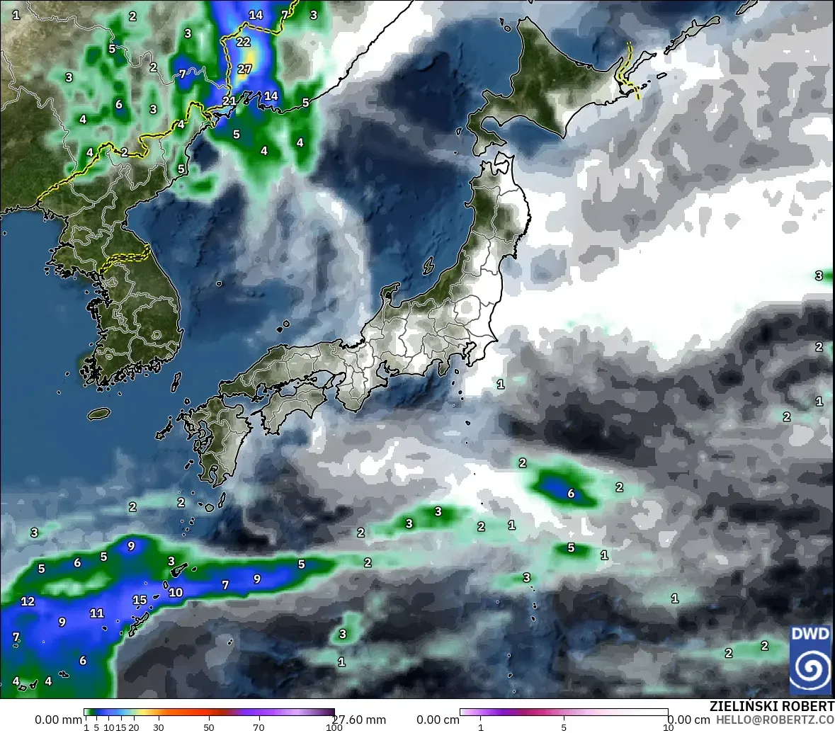 ICON model - Japan, Precipitation, Clouds, and Pressure