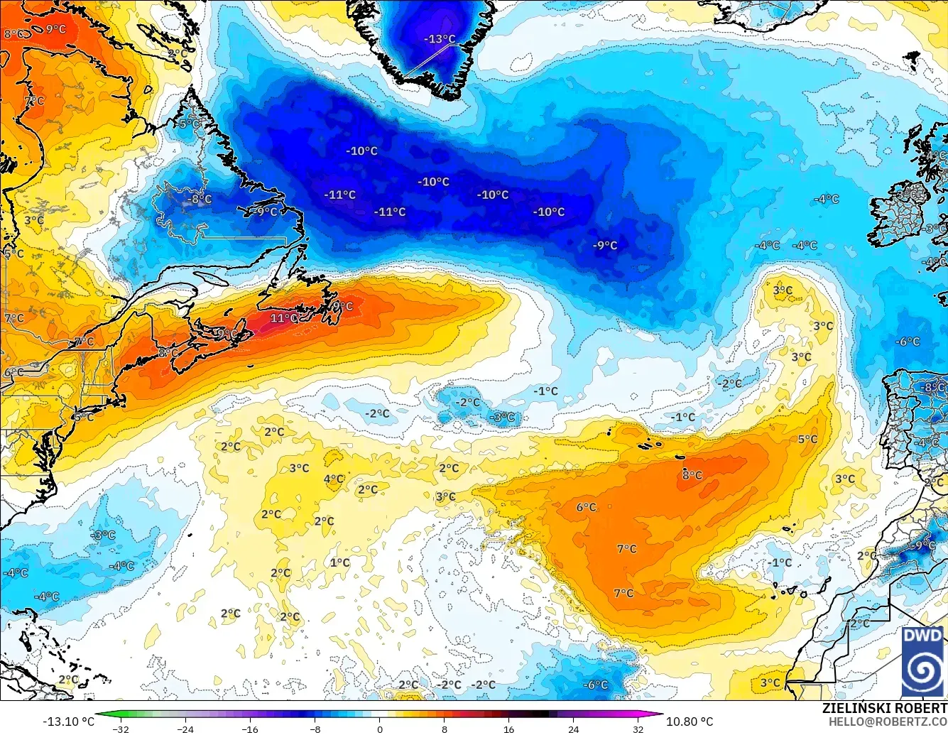 ICON model - North Atlantic, Temperature at 850hPa Anomaly