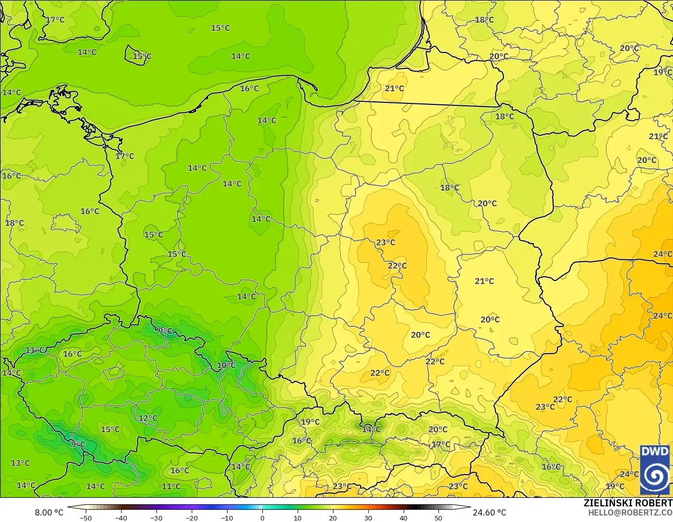 ICON model - Poland, Temperature at 2m
