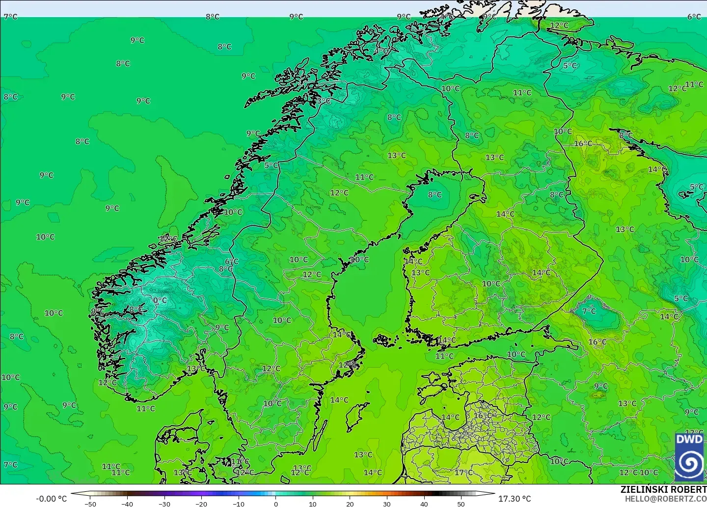 ICON model - Scandinavia, Dewpoint at 2m