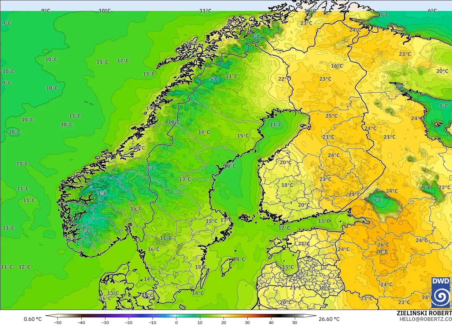ICON model - Scandinavia, Temperature at 2m