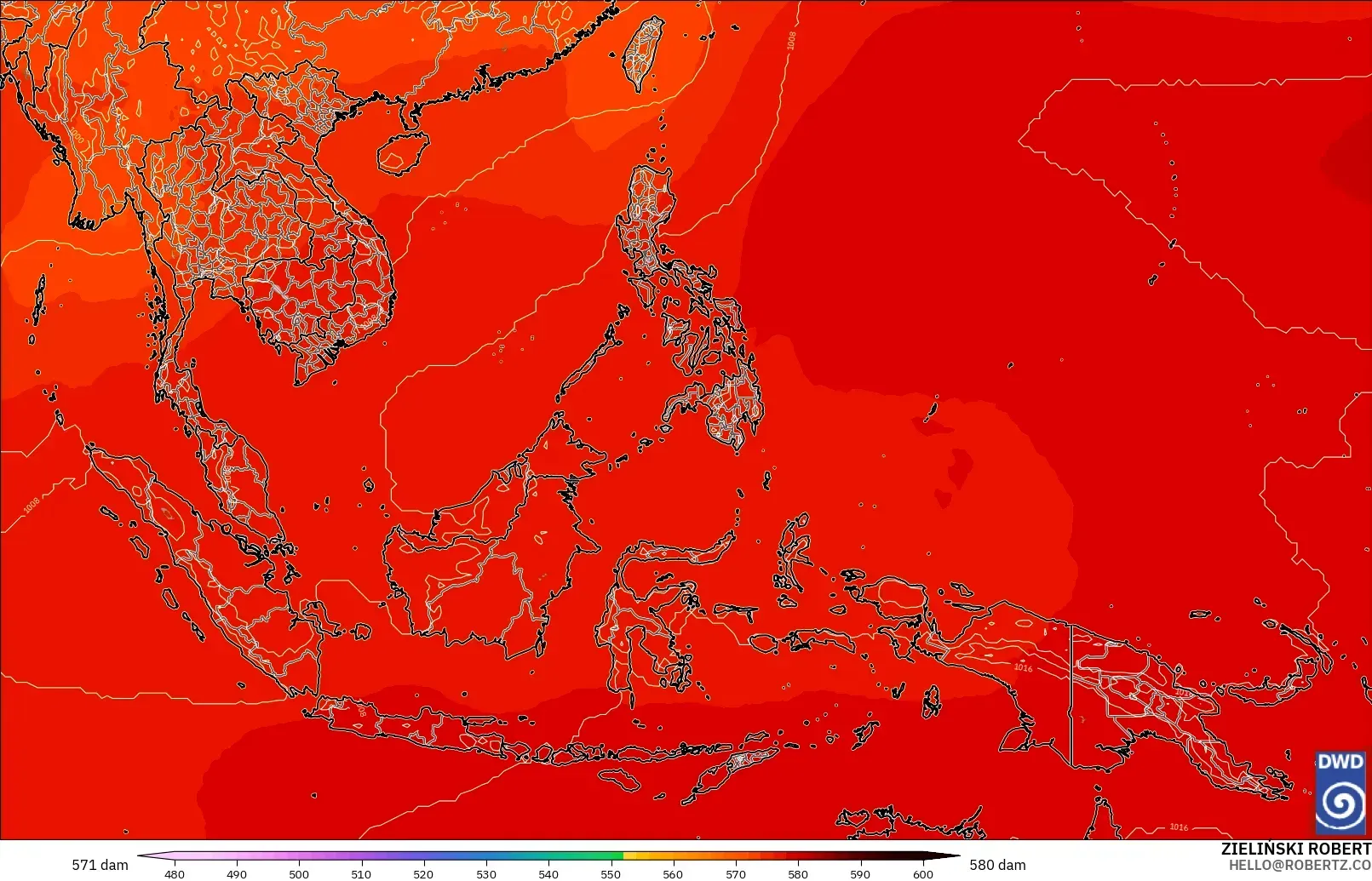 ICON model - South East Asia, Geopotential height at 500hPa