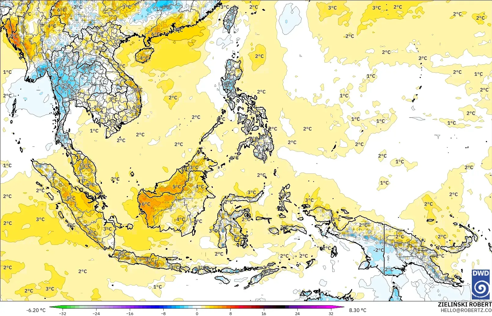 ICON model - South East Asia, Temperature at 2m Anomaly