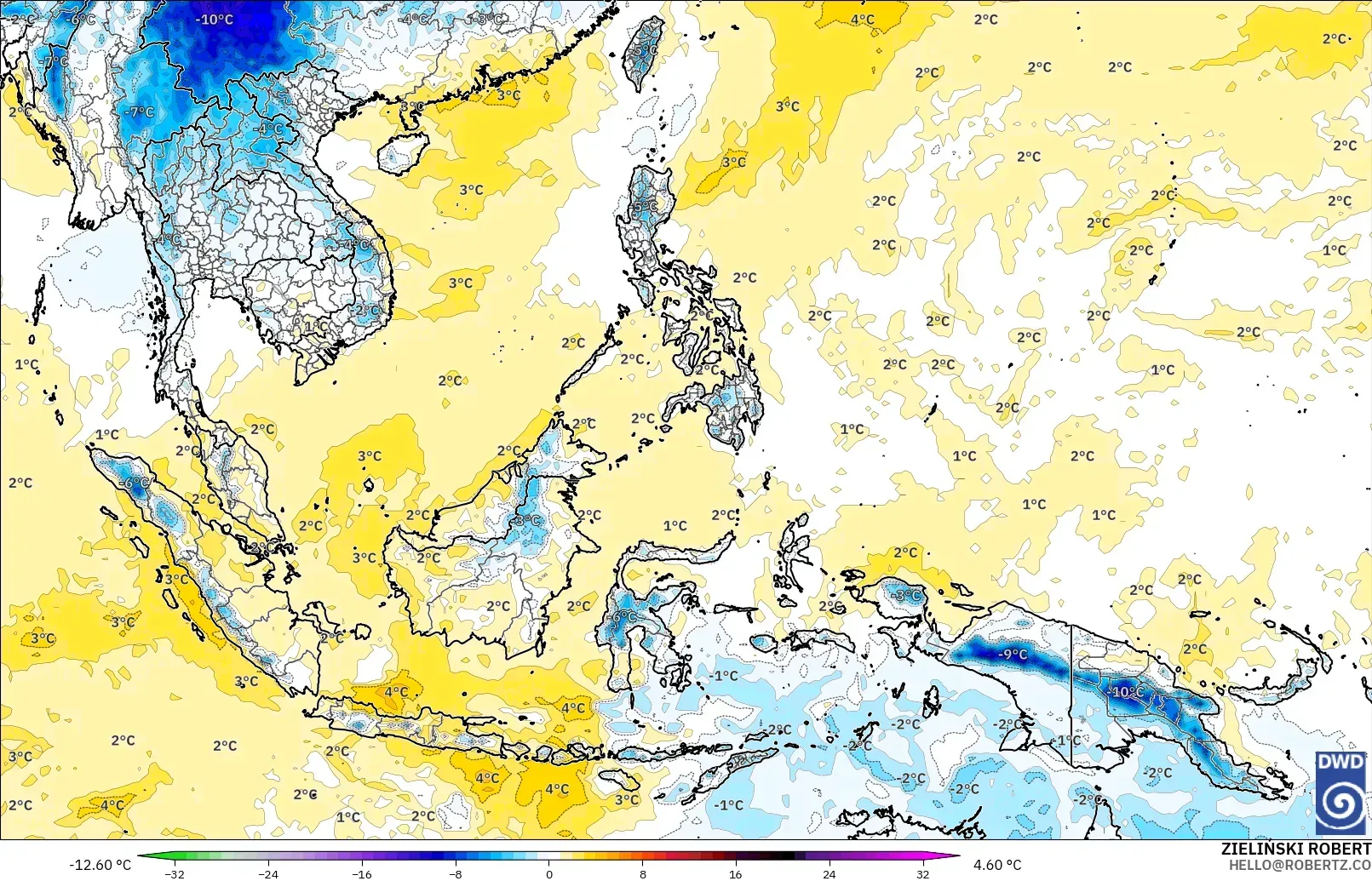 ICON model - South East Asia, Temperature at 850hPa Anomaly