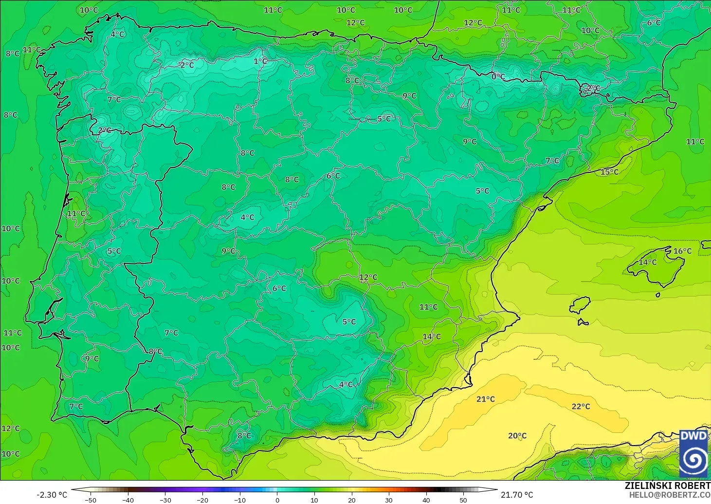 ICON model - Spain, Dewpoint at 2m