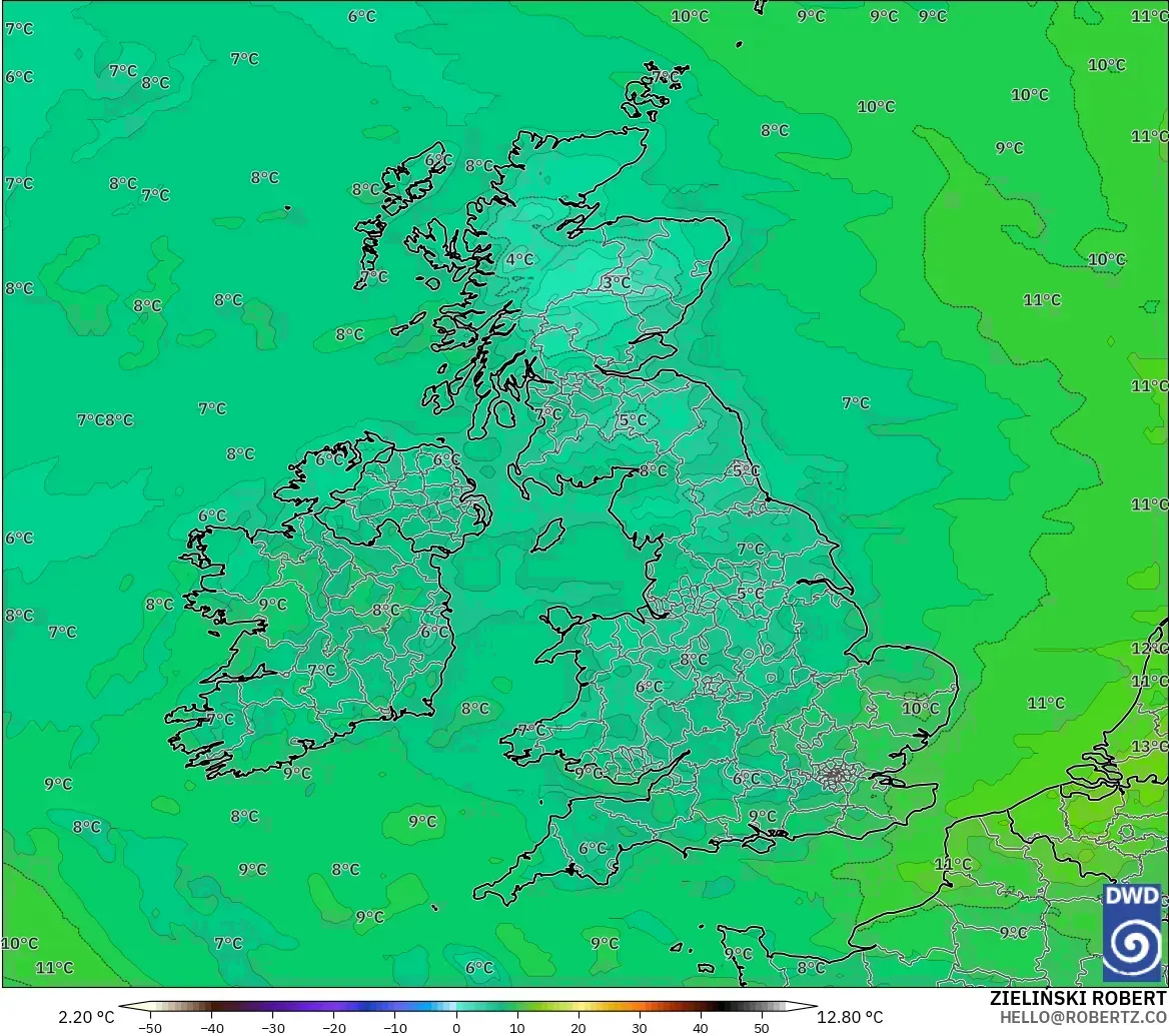 ICON model - United Kingdom, Dewpoint at 2m