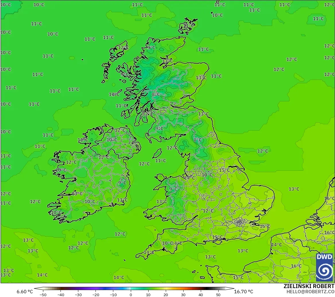 ICON model - United Kingdom, Temperature at 2m