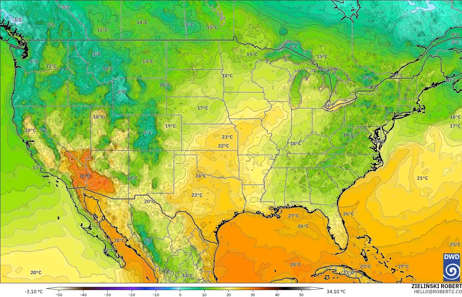 ICON model - United States, Temperature at 2m