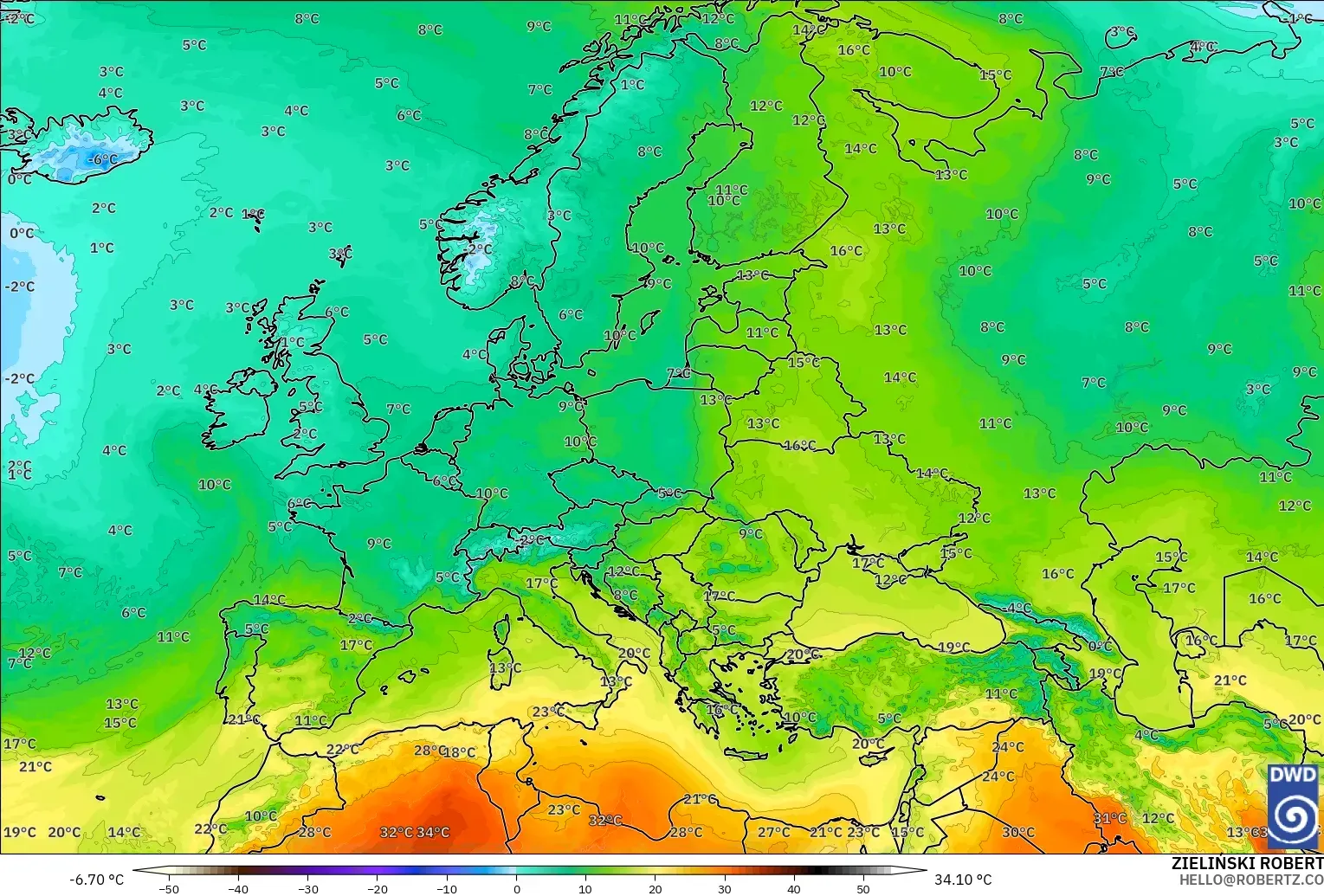 ICON model - Europe, Temperature at 850hPa