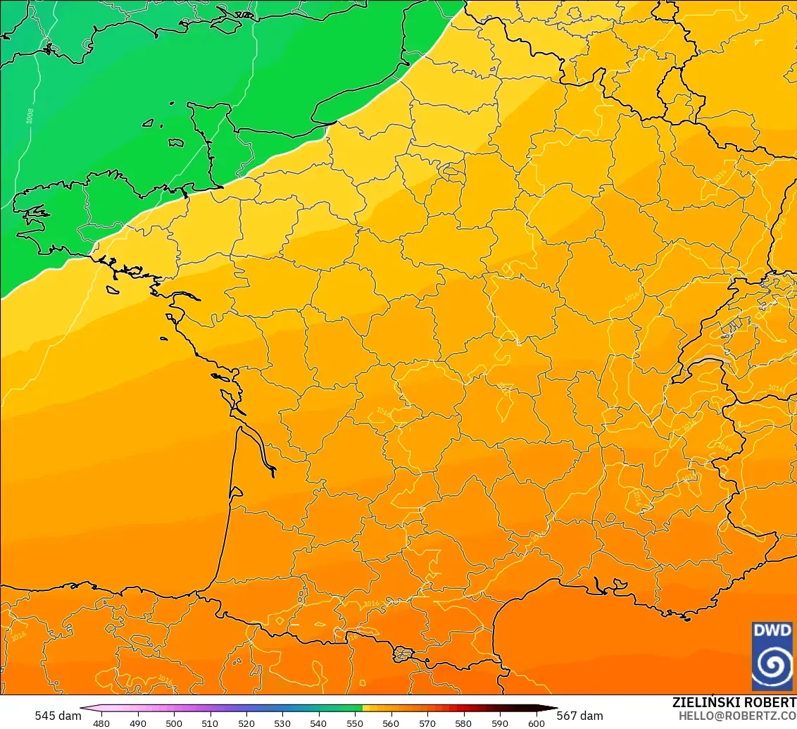 ICON model - France, Geopotential height at 500hPa
