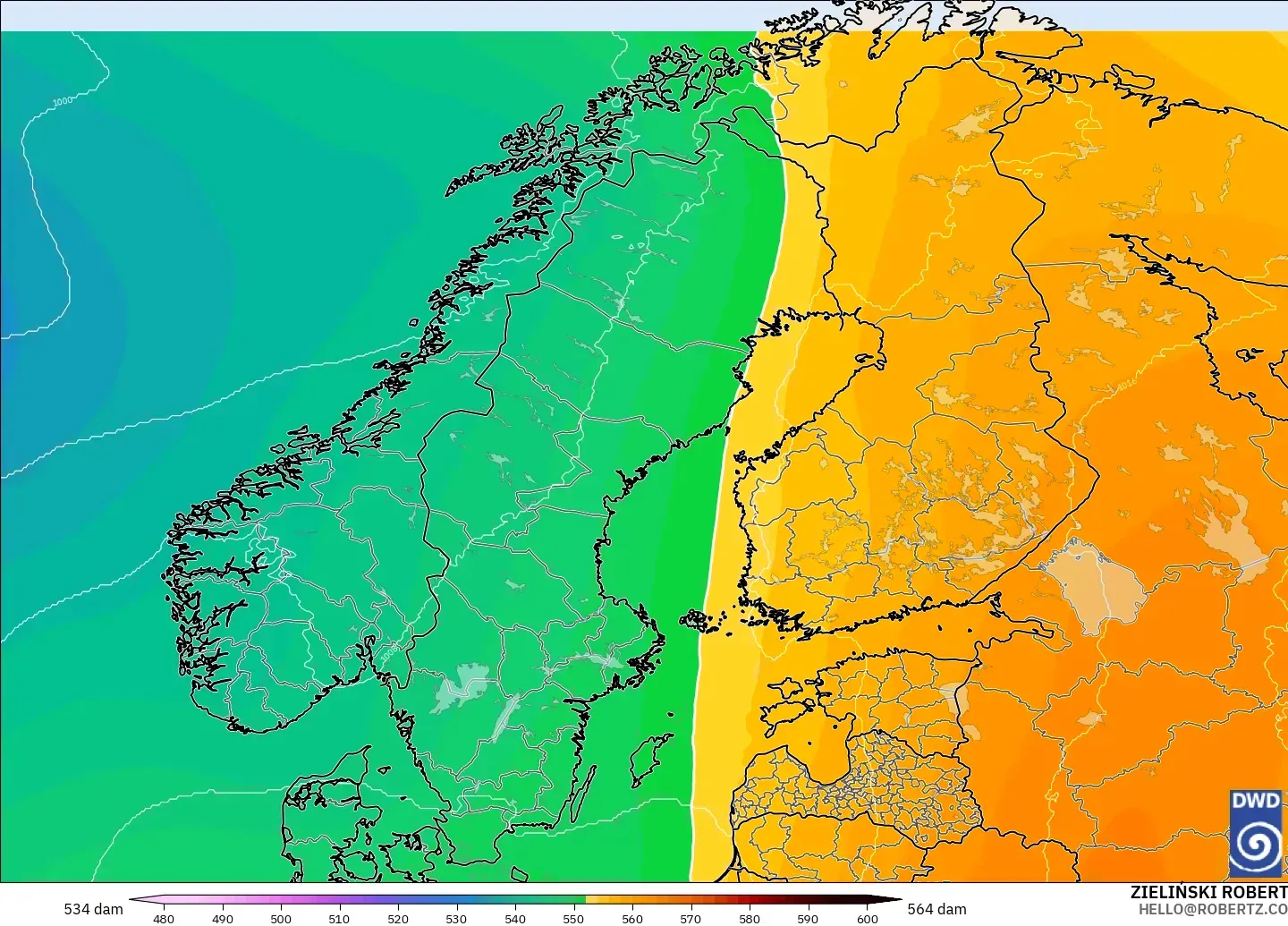ICON model - Scandinavia, Geopotential height at 500hPa