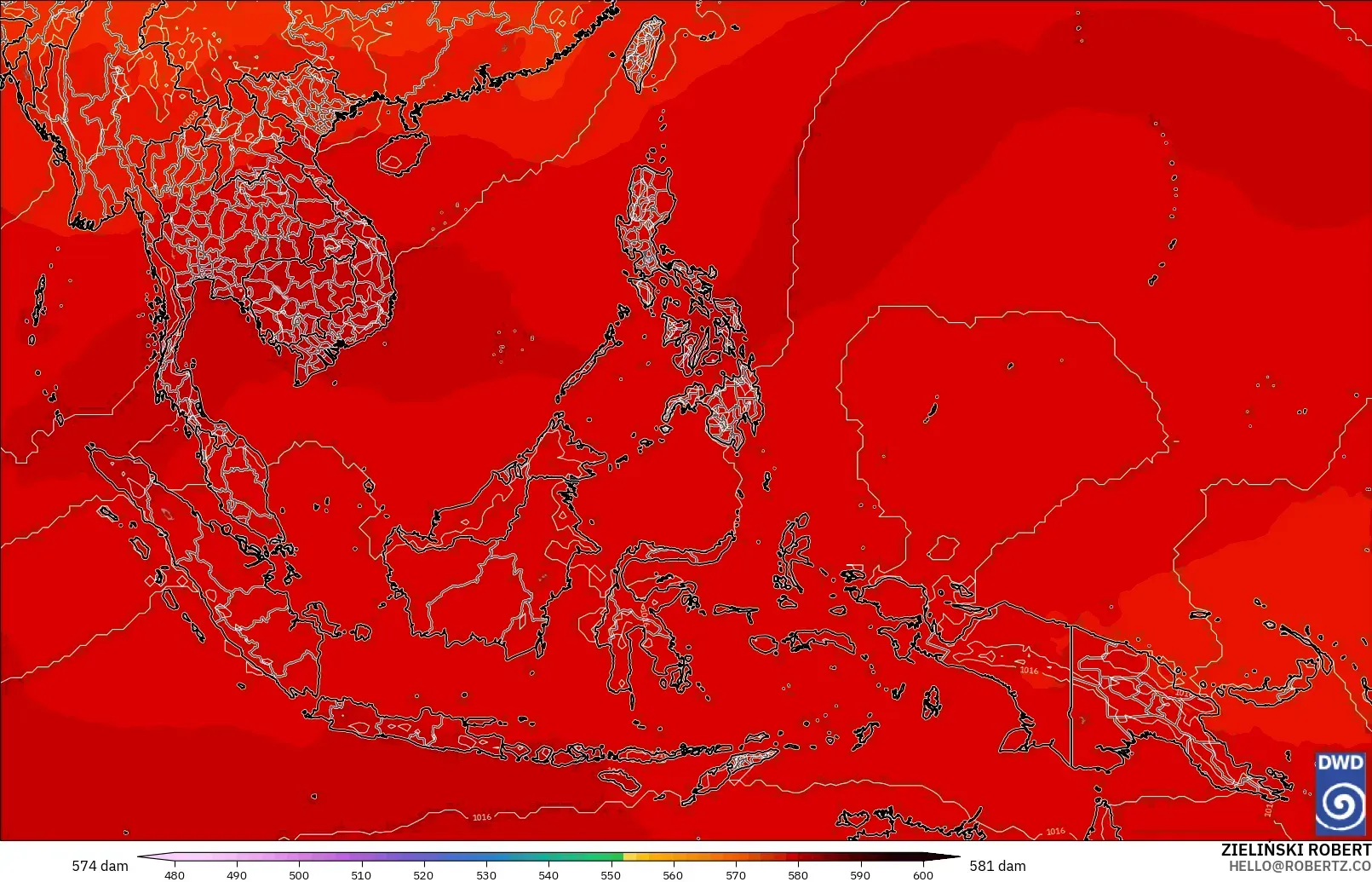 ICON model - South East Asia, Geopotential height at 500hPa